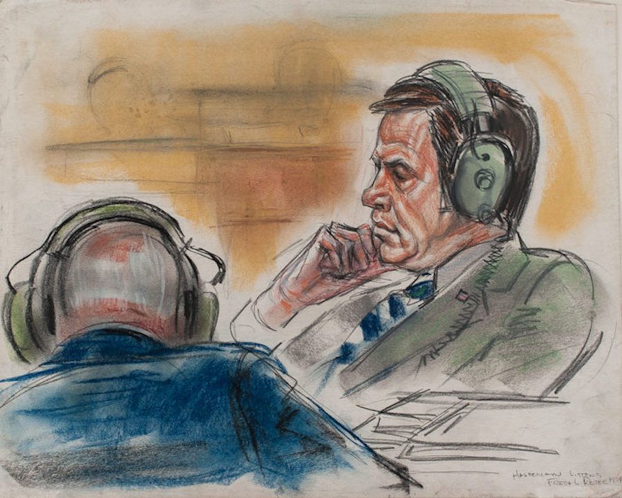 Haldeman listens to Nixon White House tapes, October 1974, $2500. Central to the court case were Nixon’s secret White House audiotapes, admitted as evidence after the Supreme Court’s ruling on July 24, 1974. Headphones were distributed to everybody in the courtroom.